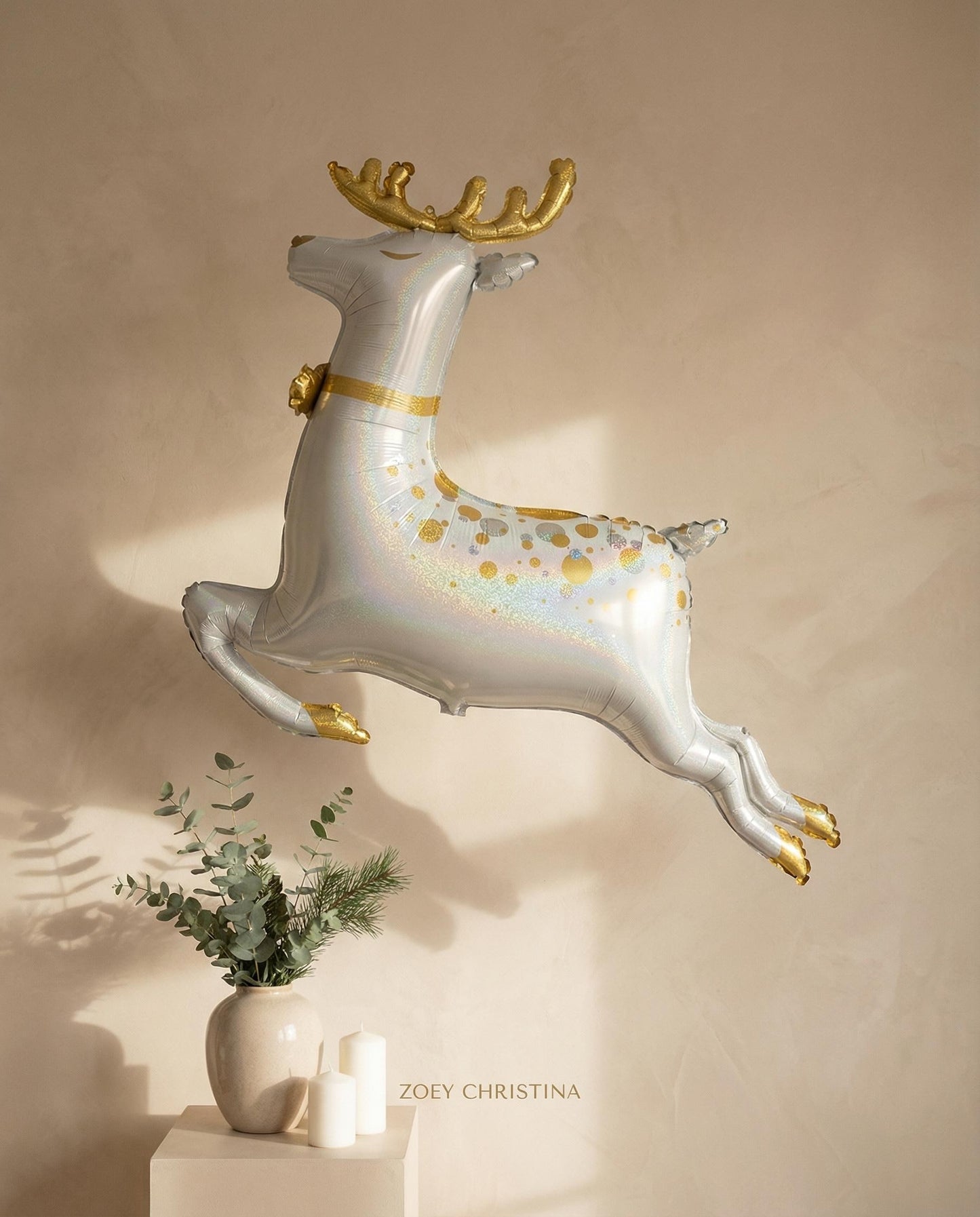 Reindeer Foil Balloon: 49 Inch White and Gold Holographic Christmas Decor