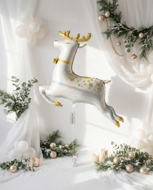 Reindeer Foil Balloon: 49 Inch White and Gold Holographic Christmas Decor