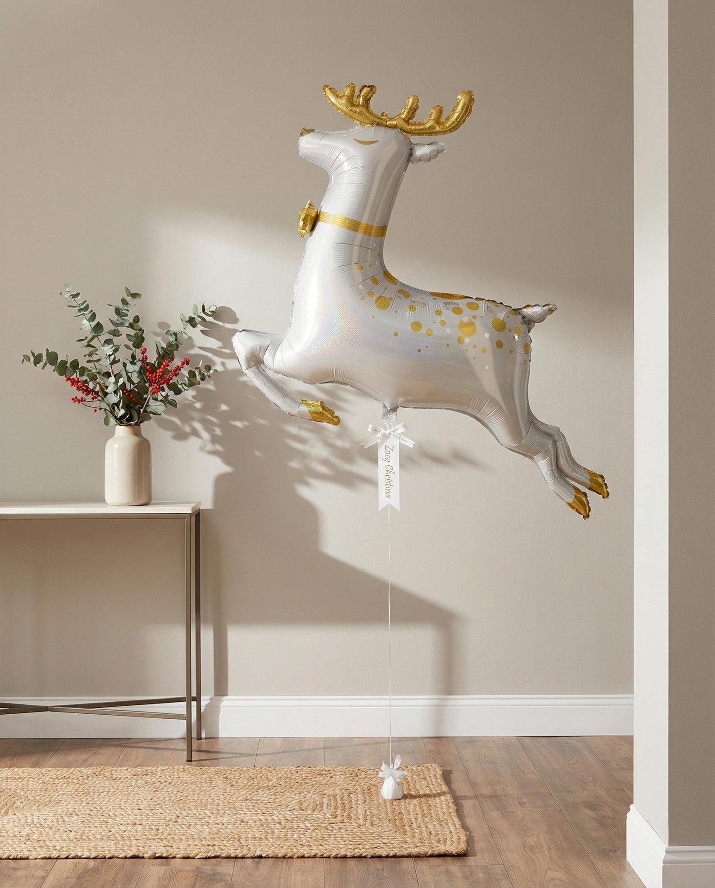 Reindeer Foil Balloon: 49 Inch White and Gold Holographic Christmas Decor