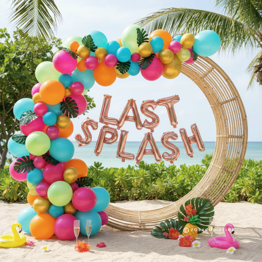 🌴 Tropical "Last Splash" Balloon Garland Kit – 6 Ft Arch with Palm Leaves & Foil Letters