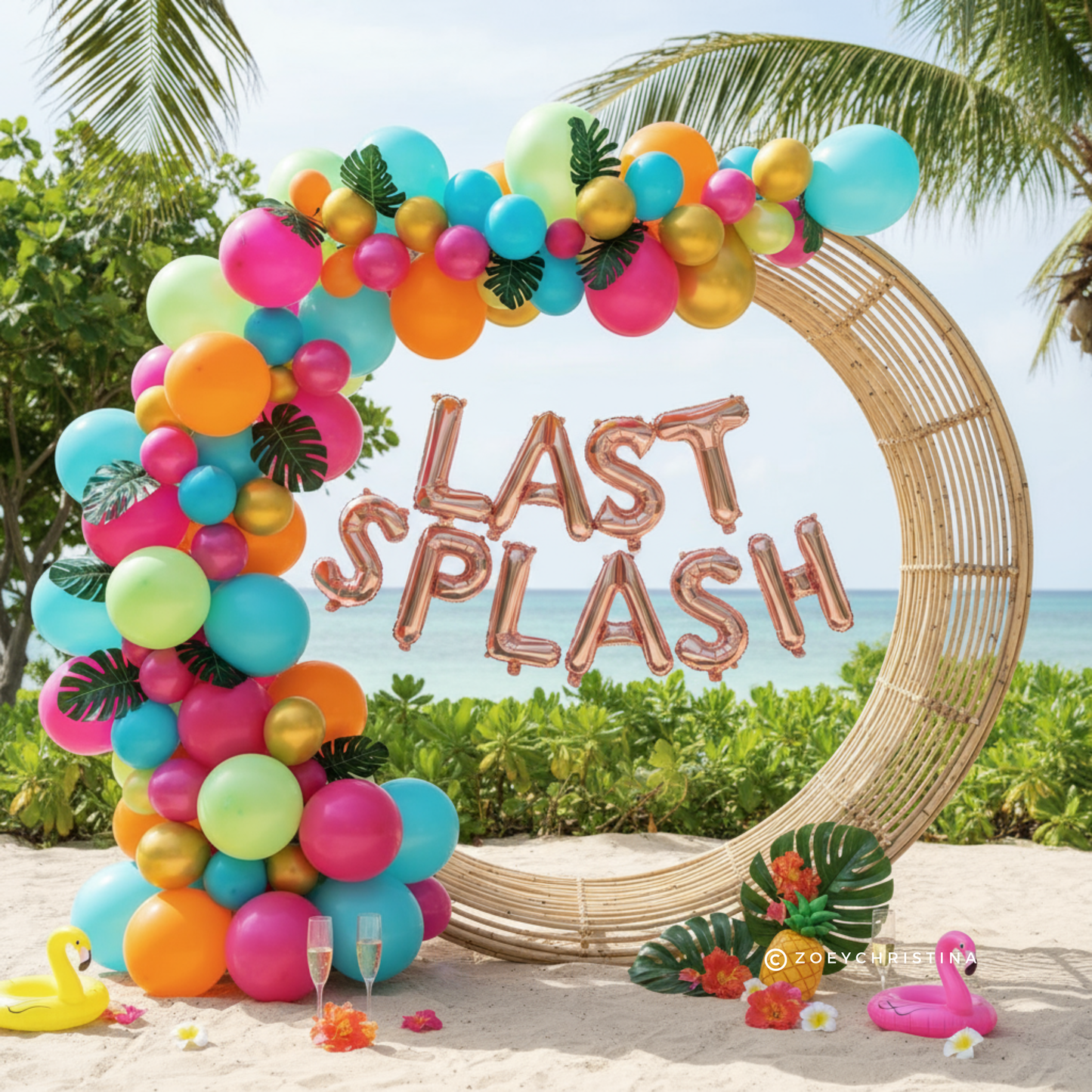 🌴 Tropical "Last Splash" Balloon Garland Kit – 6 Ft Arch with Palm Leaves & Foil Letters