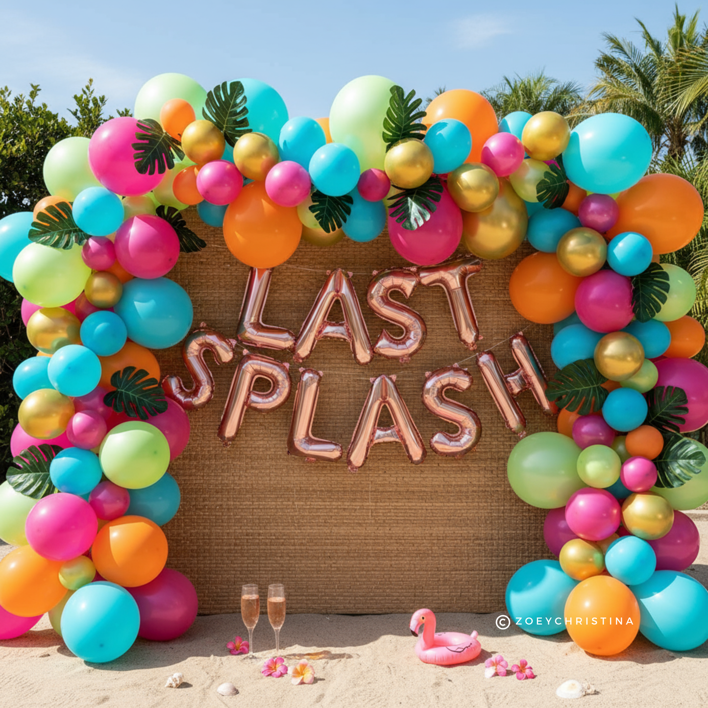 🌴 Tropical "Last Splash" Balloon Garland Kit – 6 Ft Arch with Palm Leaves & Foil Letters