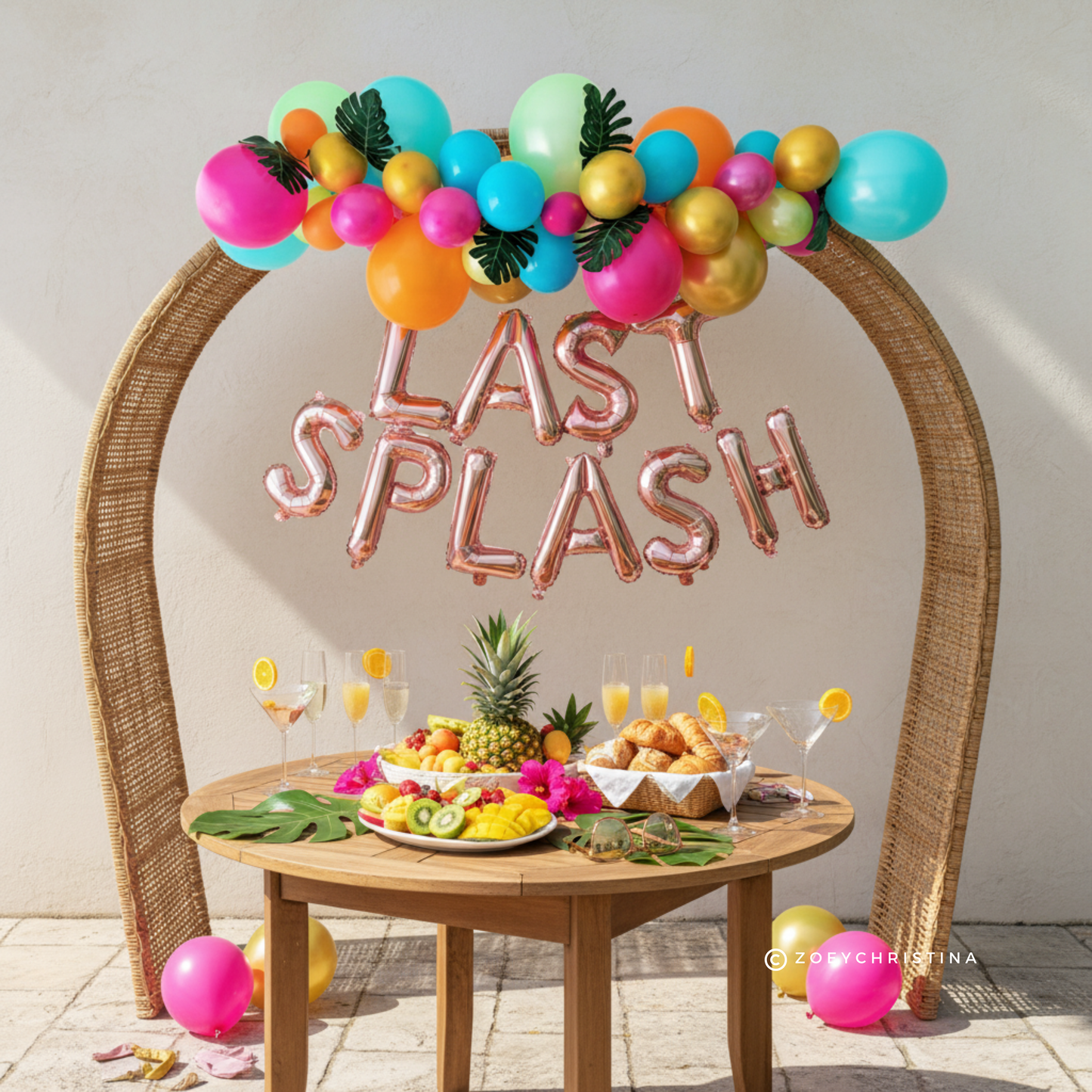 🌴 Tropical "Last Splash" Balloon Garland Kit – 6 Ft Arch with Palm Leaves & Foil Letters