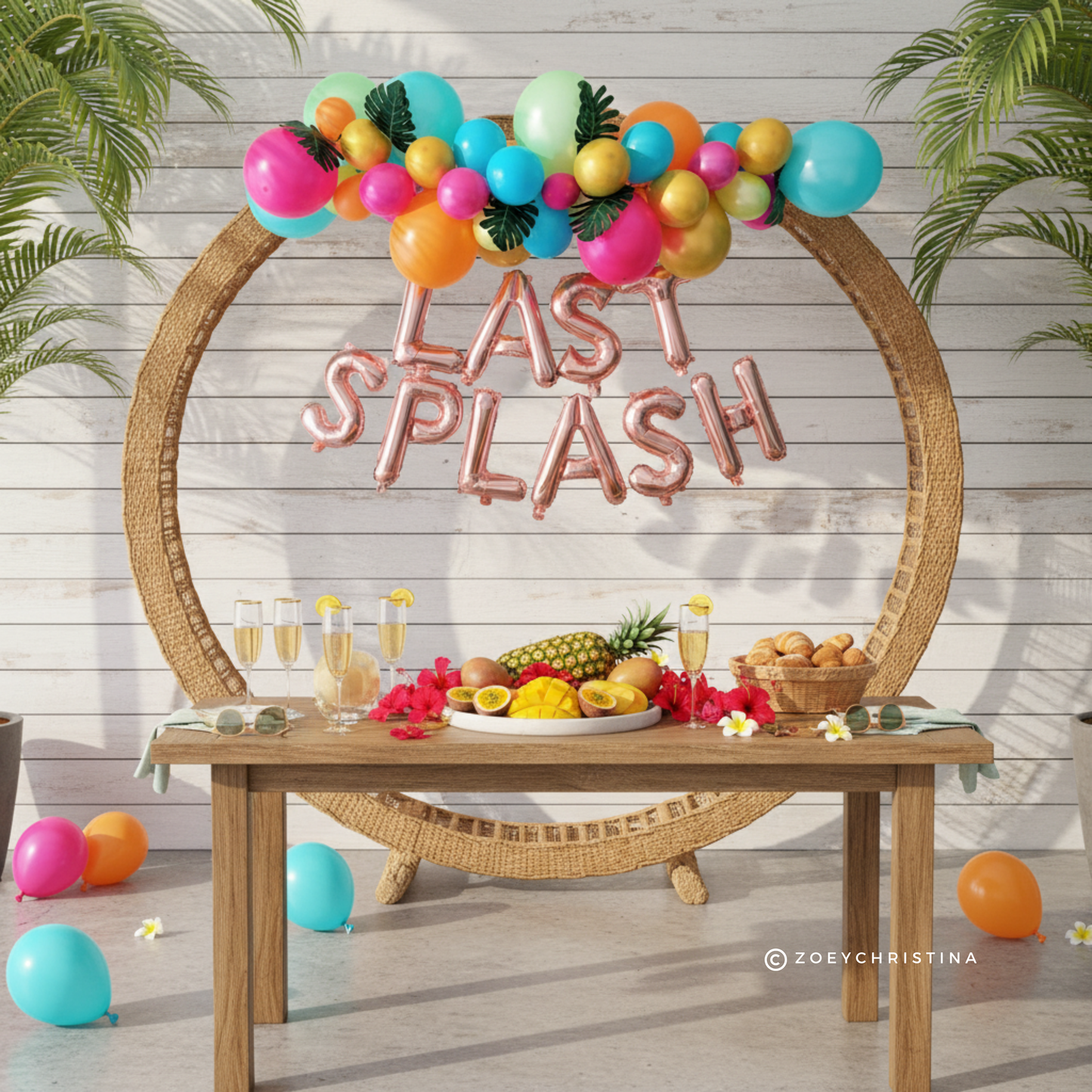 🌴 Tropical "Last Splash" Balloon Garland Kit – 6 Ft Arch with Palm Leaves & Foil Letters