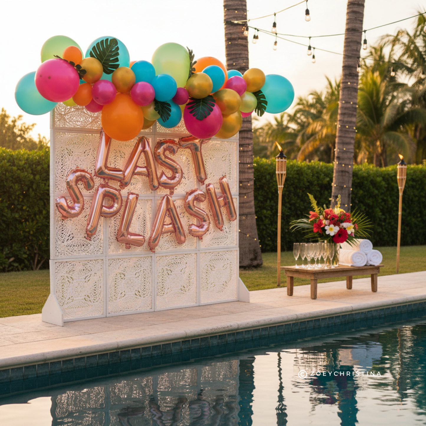 🌴 Tropical "Last Splash" Balloon Garland Kit – 6 Ft Arch with Palm Leaves & Foil Letters