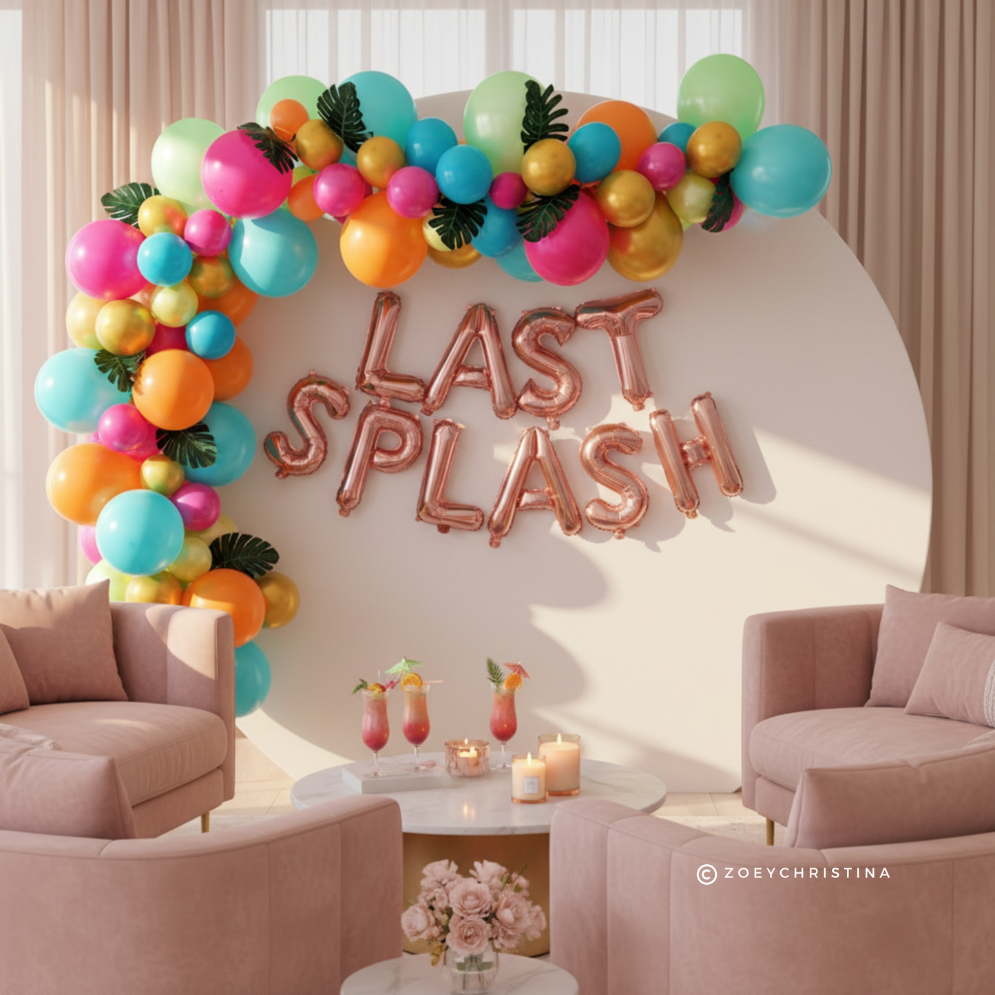 🌴 Tropical "Last Splash" Balloon Garland Kit – 6 Ft Arch with Palm Leaves & Foil Letters