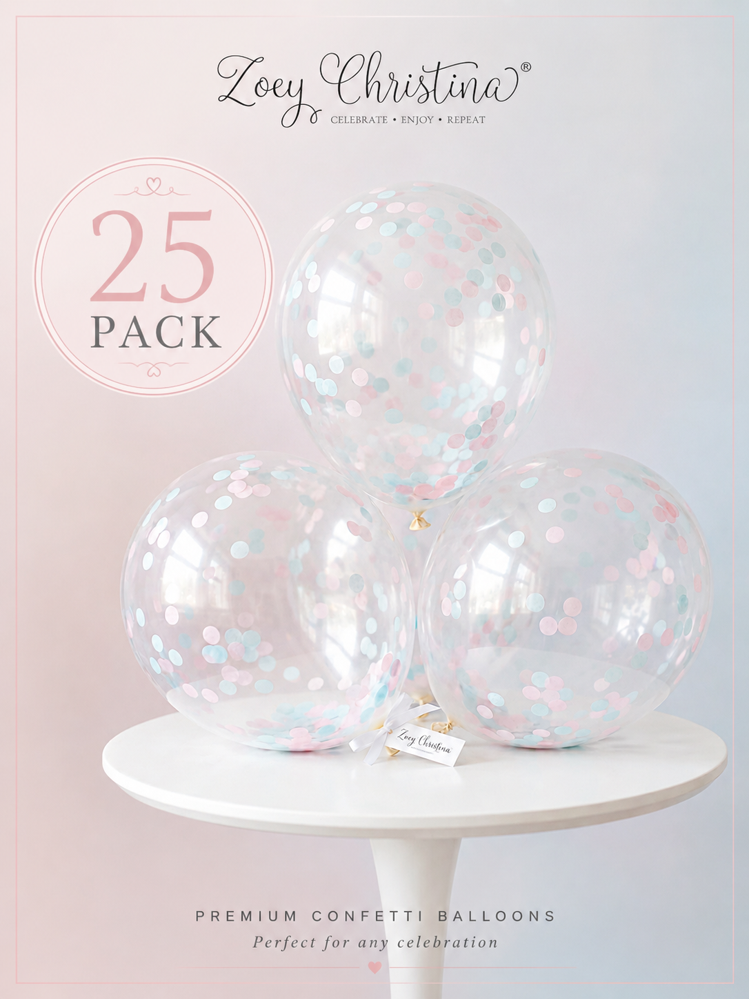 Clear Gender Reveal Confetti Balloon – Light Blue & Light Pink Confetti [25 Pack]