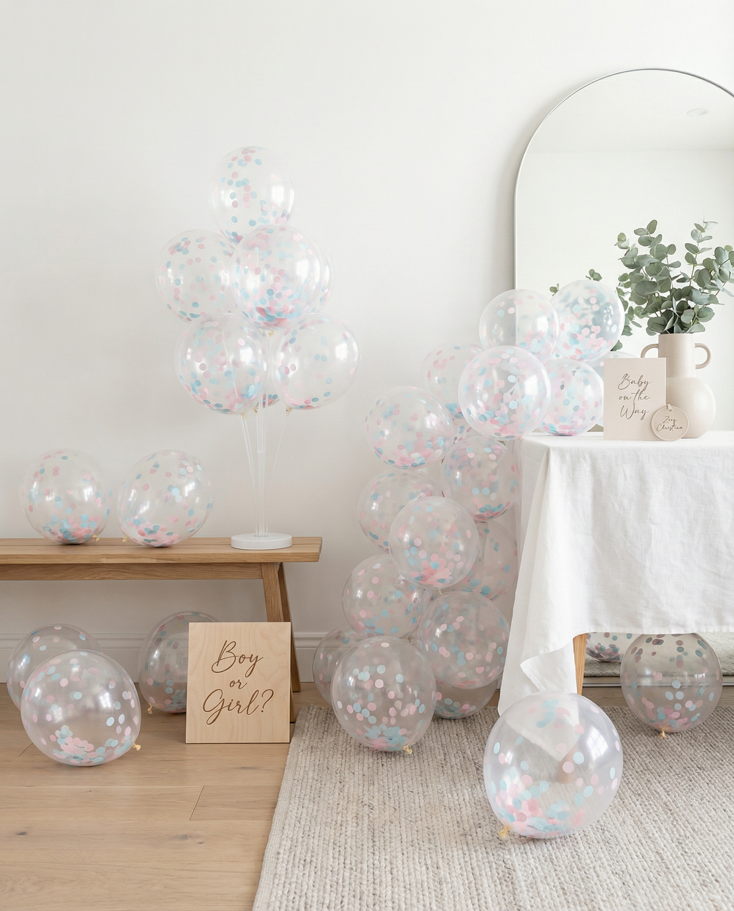 Clear Gender Reveal Confetti Balloon – Light Blue & Light Pink Confetti [25 Pack]