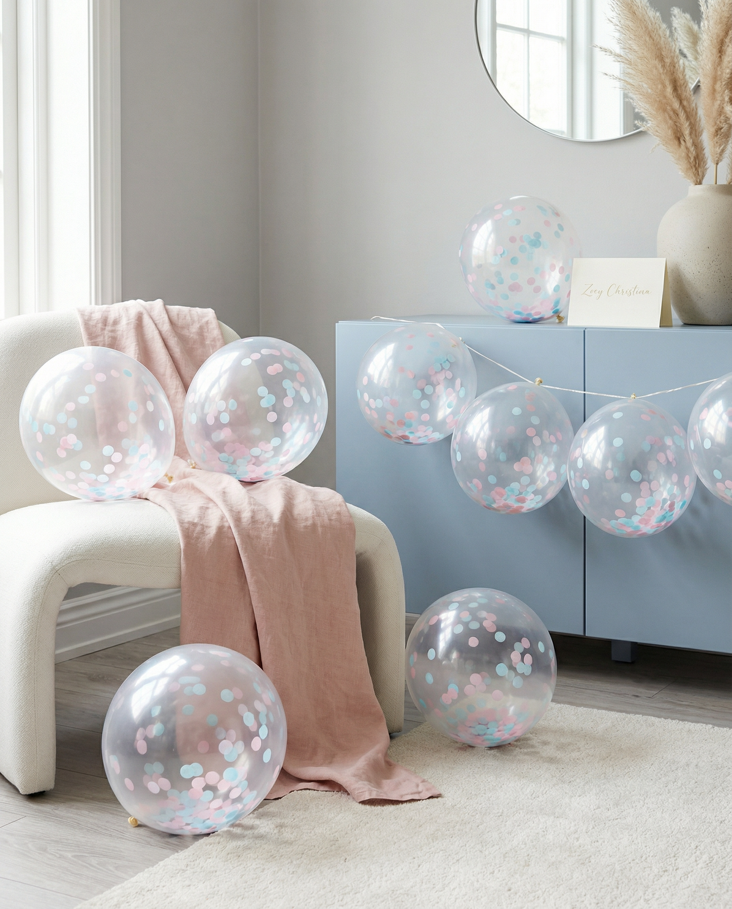 Clear Gender Reveal Confetti Balloon – Light Blue & Light Pink Confetti [25 Pack]