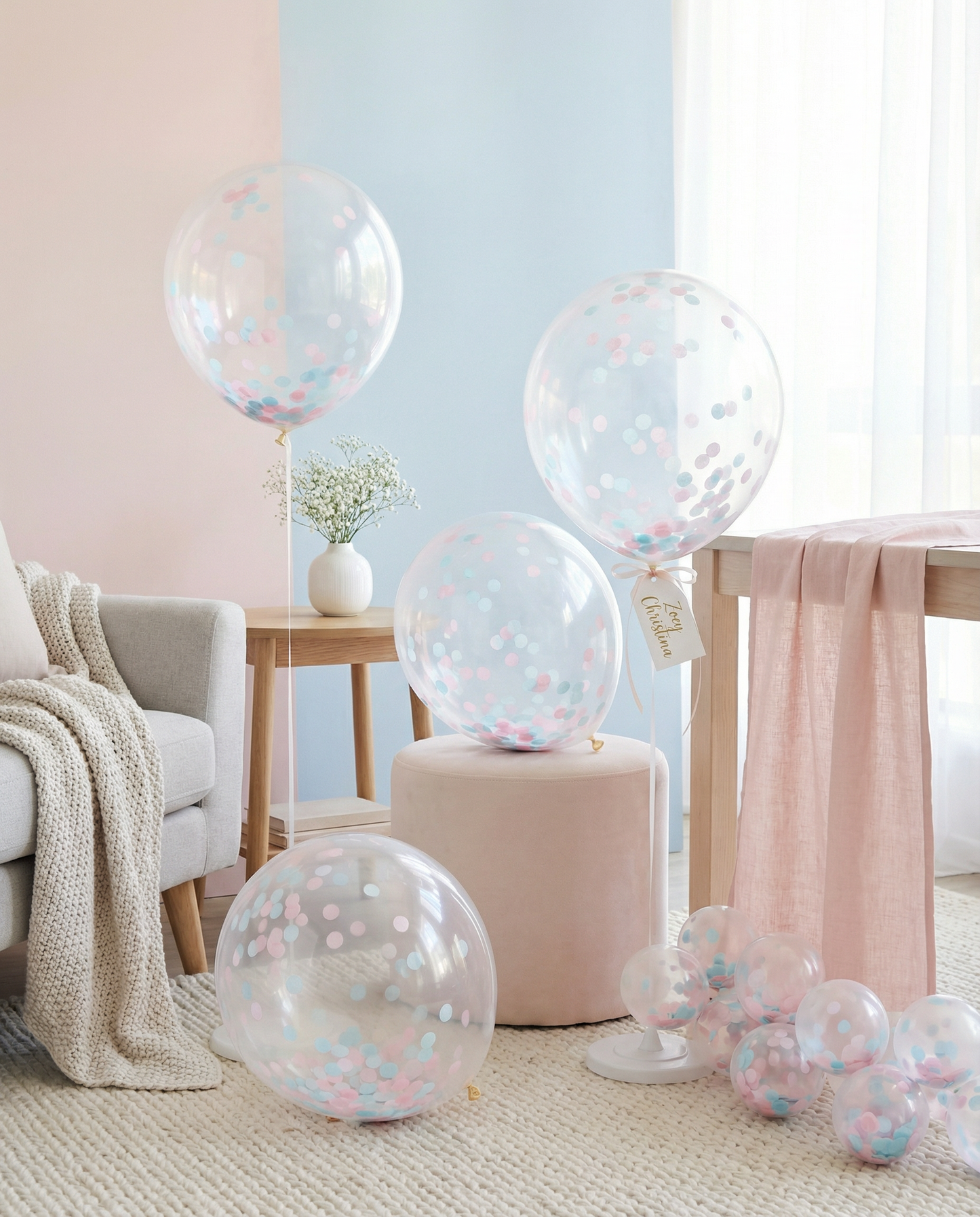 Clear Gender Reveal Confetti Balloon – Light Blue & Light Pink Confetti [25 Pack]