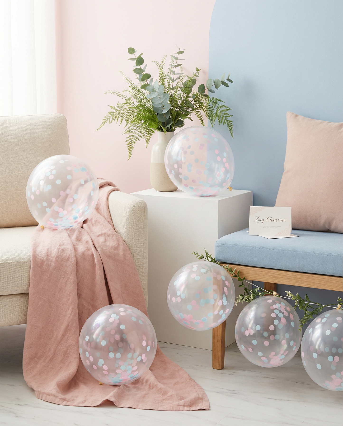 Clear Gender Reveal Confetti Balloon – Light Blue & Light Pink Confetti [25 Pack]