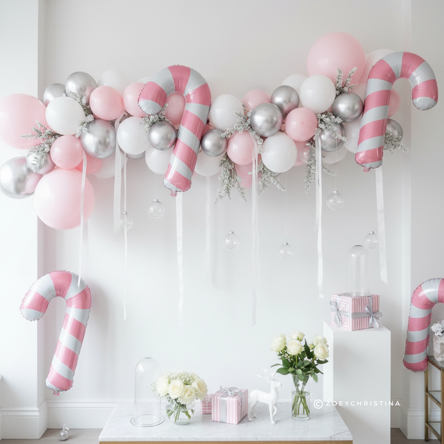 Pink & White Candy Cane Foil Balloon – Christmas Party Decoration