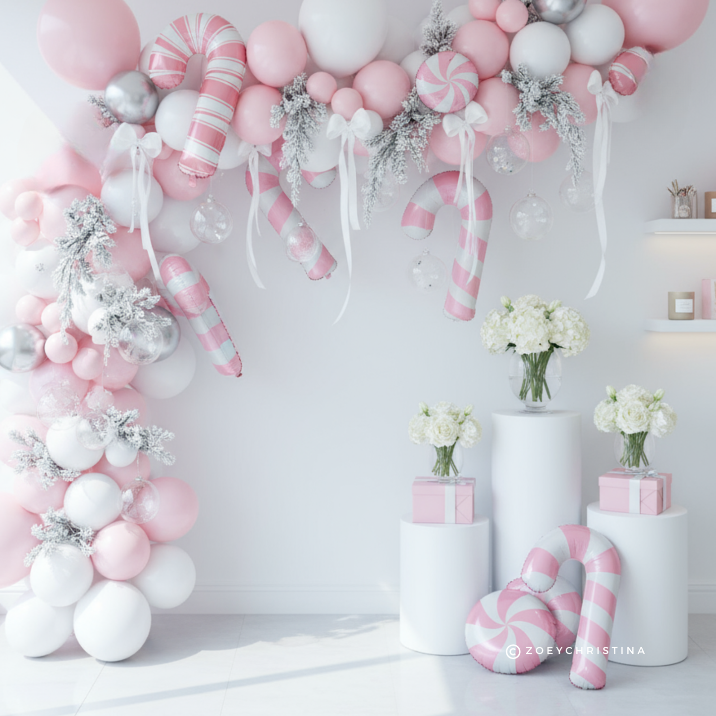 Pink & White Candy Cane Foil Balloon – Christmas Party Decoration
