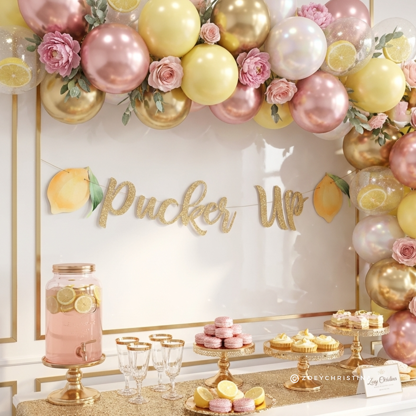 Pucker Up" Gold Glitter Banner – Lemon-Themed Party Decoration