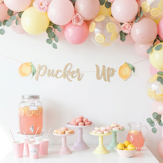 Pucker Up" Gold Glitter Banner – Lemon-Themed Party Decoration
