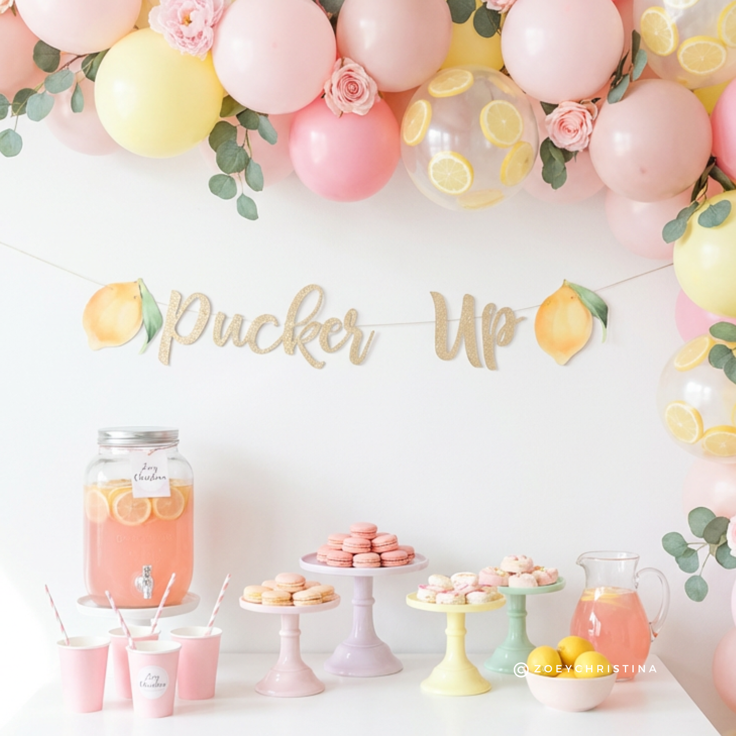 Pucker Up" Gold Glitter Banner – Lemon-Themed Party Decoration