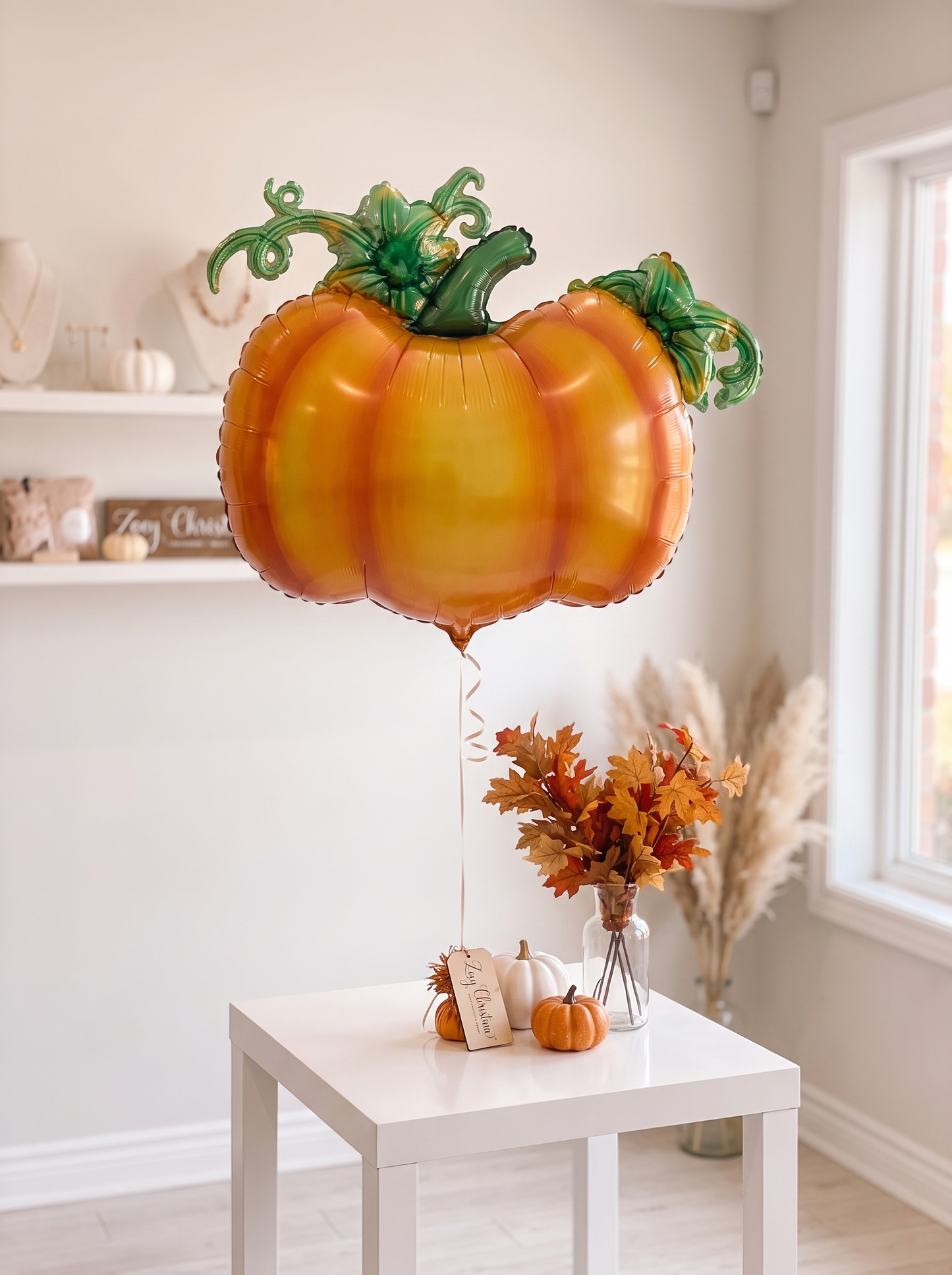 Cute Orange Pumpkin Foil Balloon with Green Stem & Leaves - Fall Party, Harvest