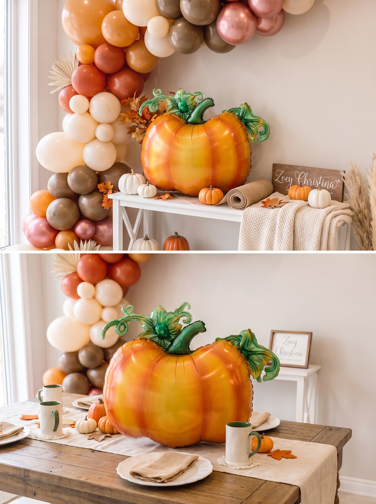 Cute Orange Pumpkin Foil Balloon with Green Stem & Leaves - Fall Party, Harvest