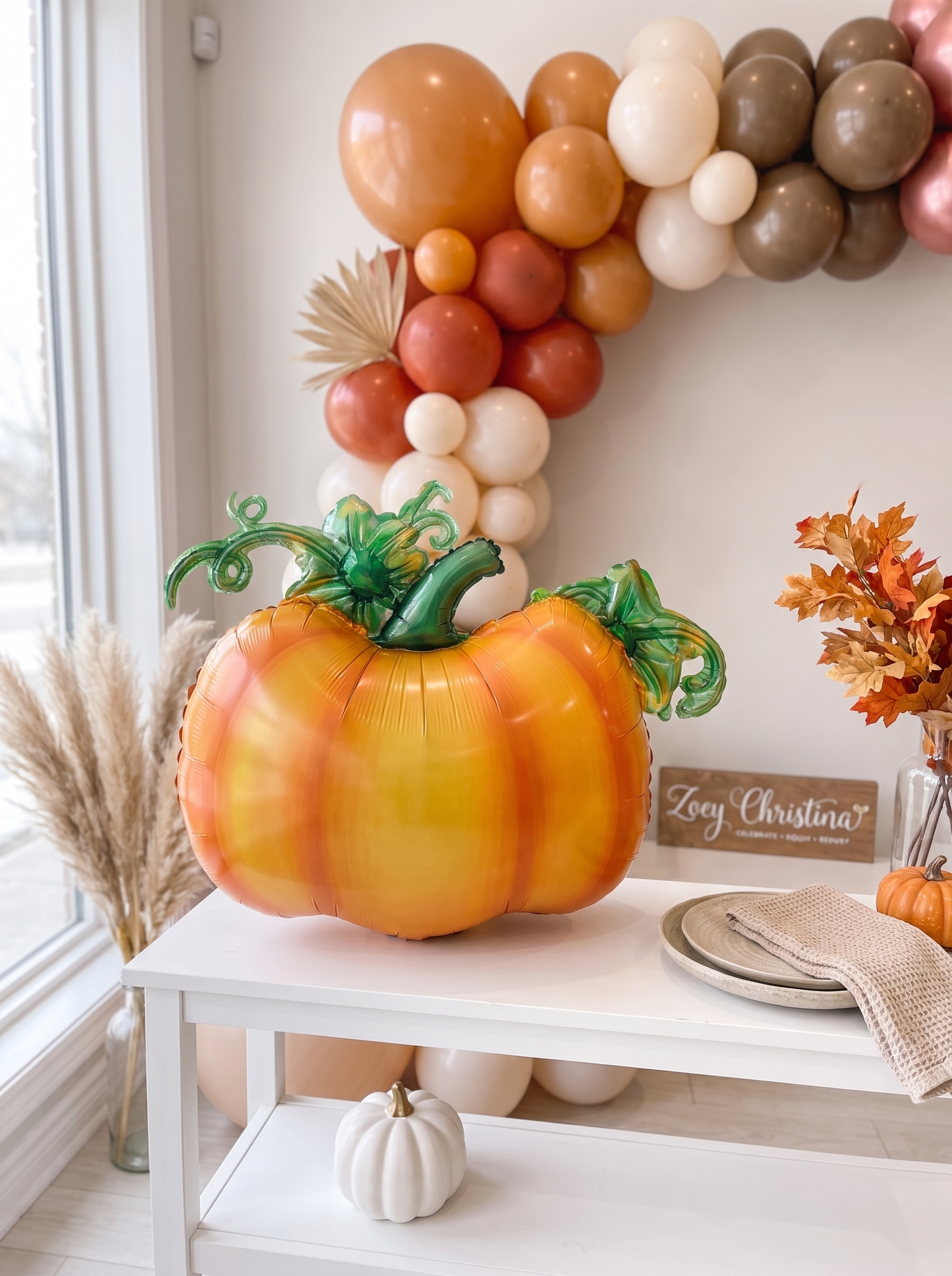 Cute Orange Pumpkin Foil Balloon with Green Stem & Leaves - Fall Party, Harvest