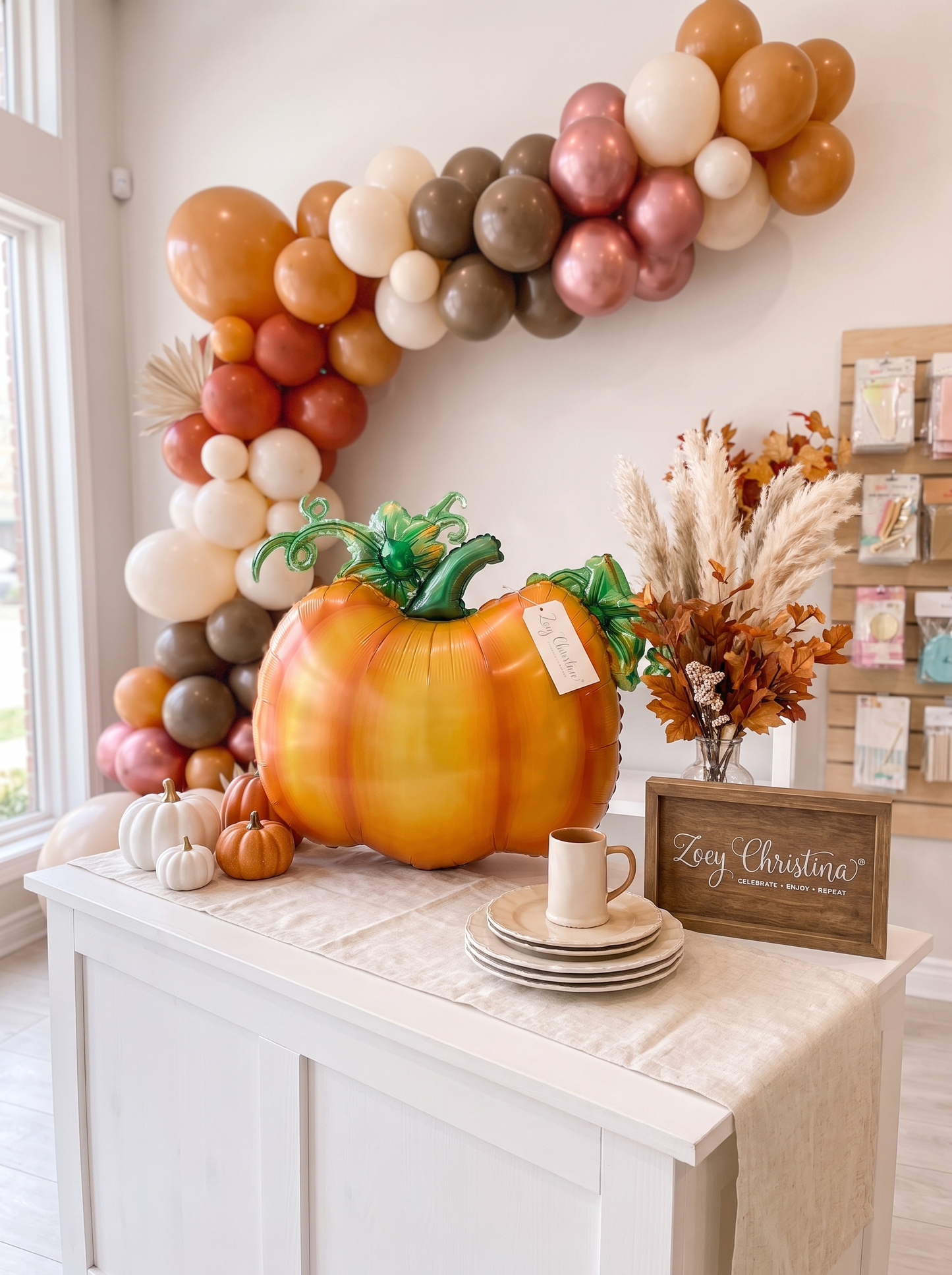 Cute Orange Pumpkin Foil Balloon with Green Stem & Leaves - Fall Party, Harvest