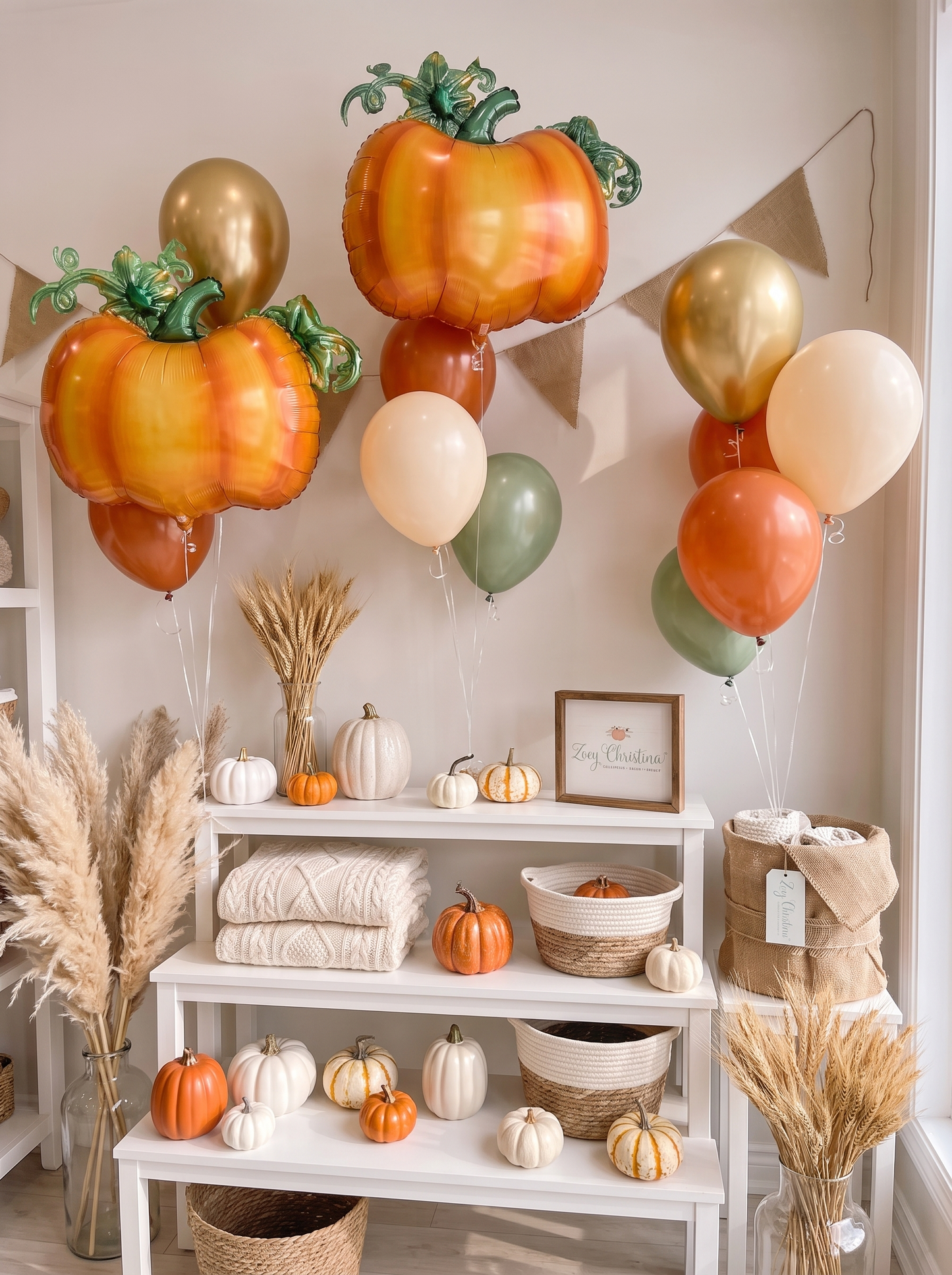 Cute Orange Pumpkin Foil Balloon with Green Stem & Leaves - Fall Party, Harvest