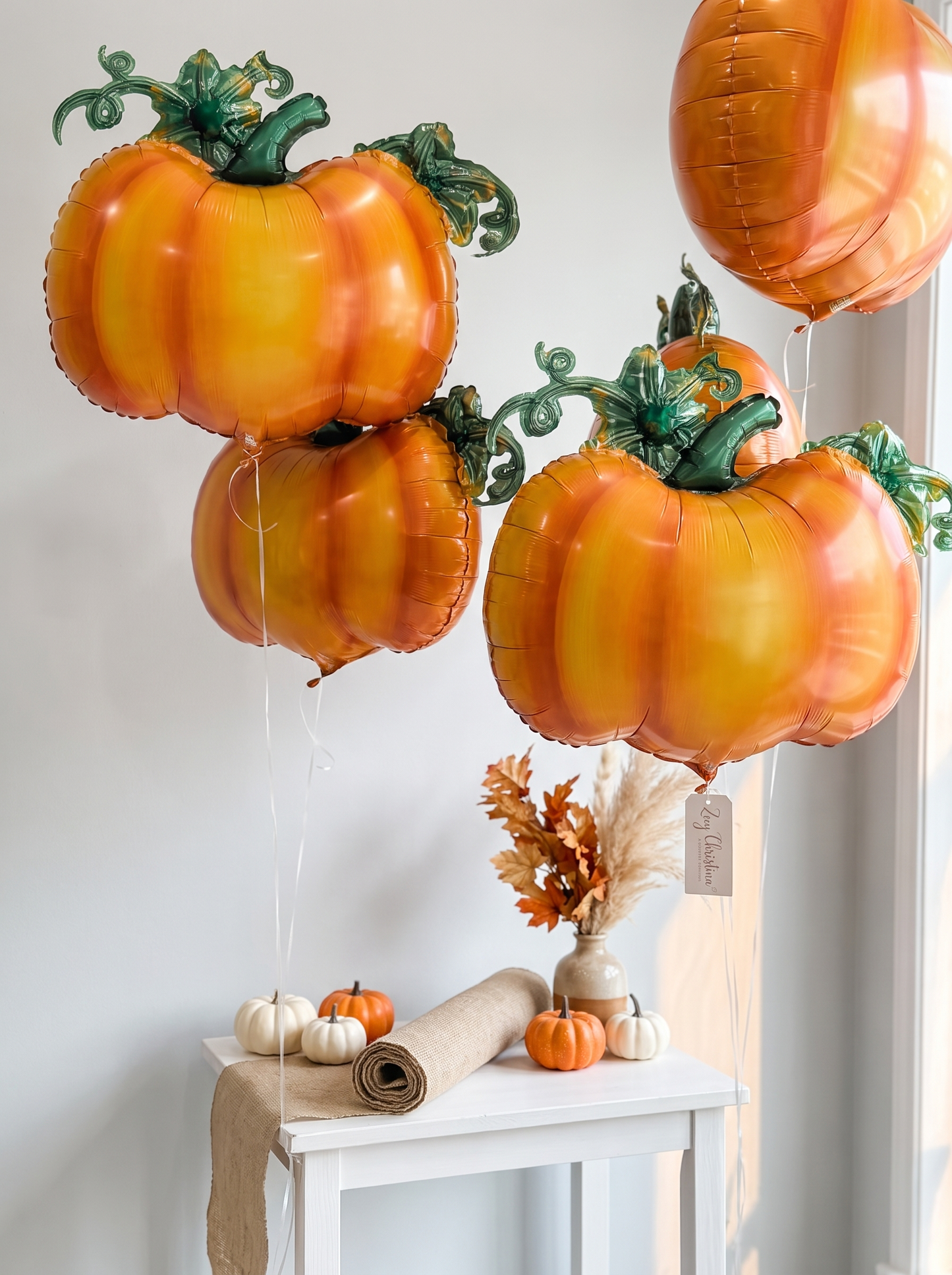 Cute Orange Pumpkin Foil Balloon with Green Stem & Leaves - Fall Party, Harvest