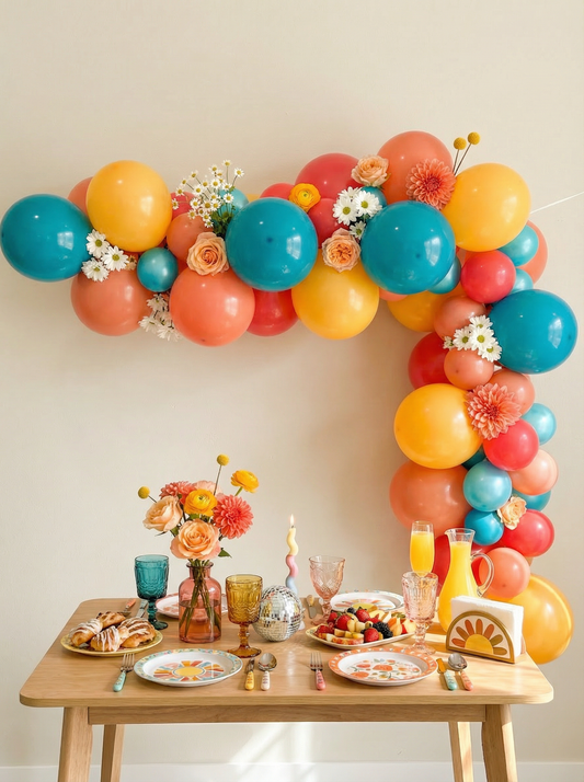 Vintage Groovy Balloon Arch – Dark Retro Colors with Foil Daisy Balloons