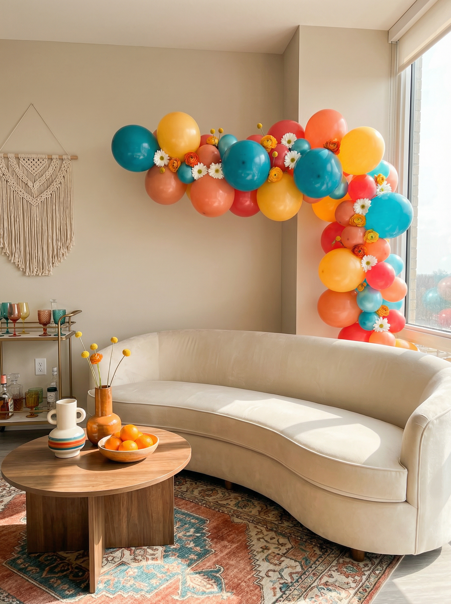 Vintage Groovy Balloon Arch – Dark Retro Colors with Foil Daisy Balloons
