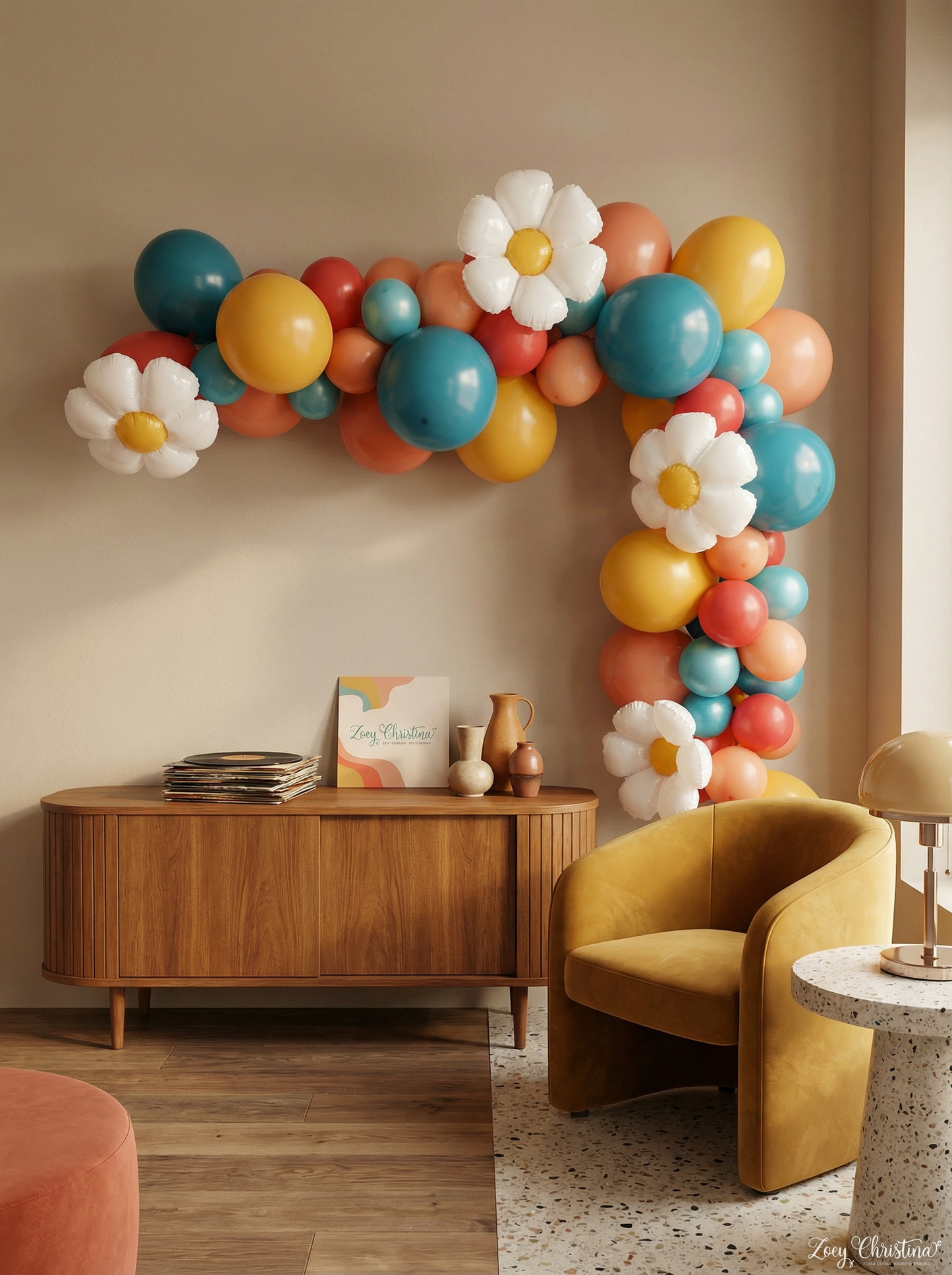 Vintage Groovy Balloon Arch – Dark Retro Colors with Foil Daisy Balloons