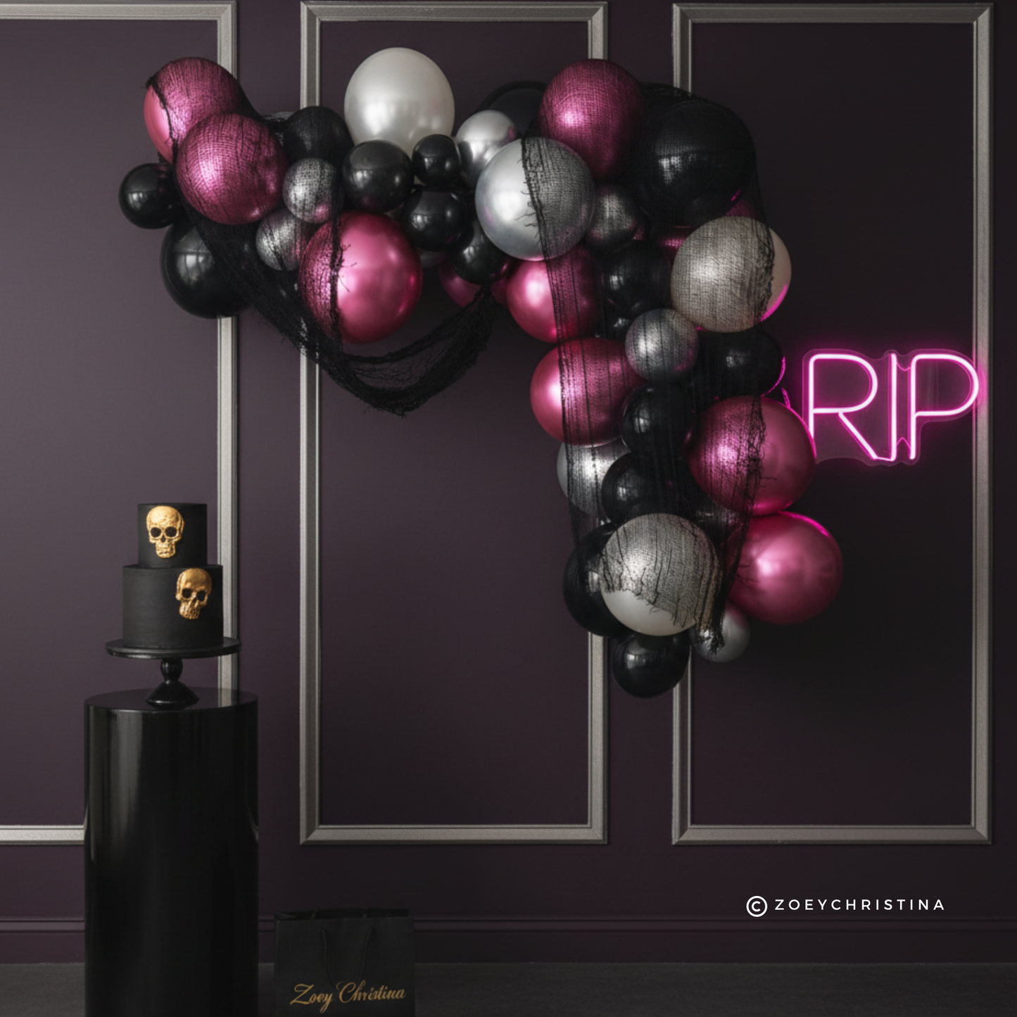 Death to My Youth Balloon Garland Kit – Deep Pink, Black & Silver Party Decor