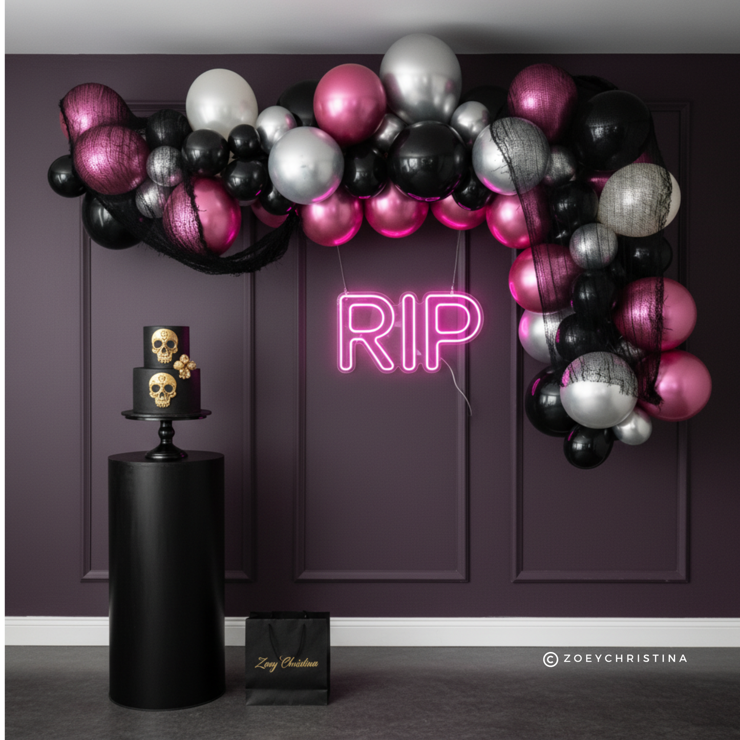 Death to My Youth Balloon Garland Kit – Deep Pink, Black & Silver Party Decor