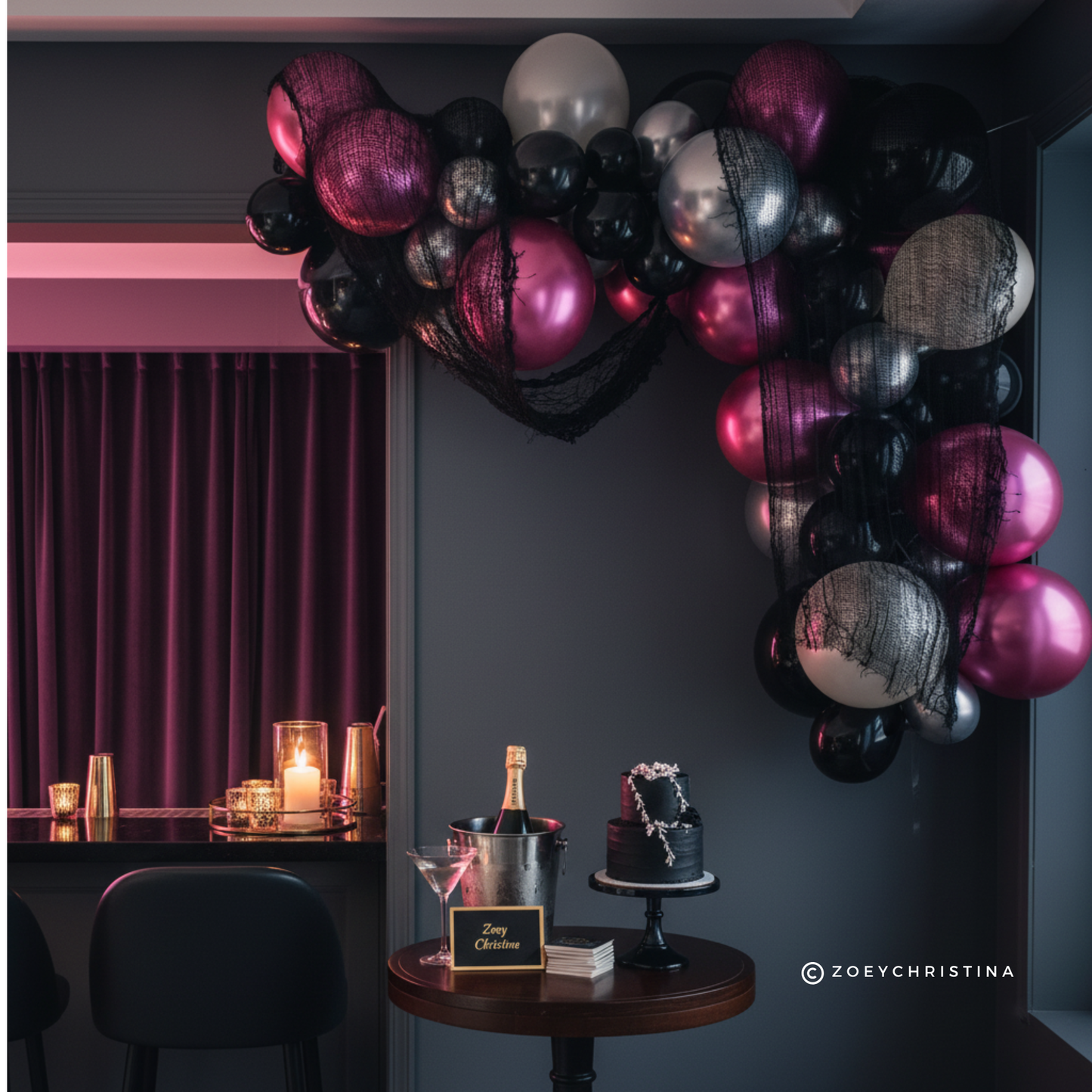 Death to My Youth Balloon Garland Kit – Deep Pink, Black & Silver Party Decor