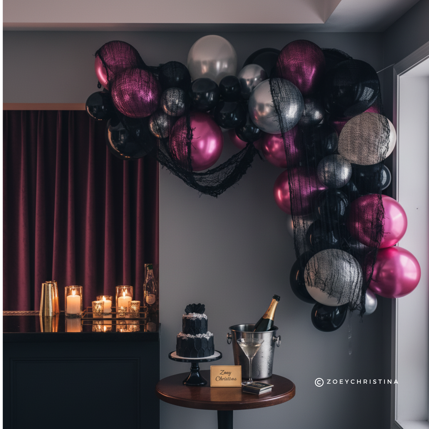 Death to My Youth Balloon Garland Kit – Deep Pink, Black & Silver Party Decor