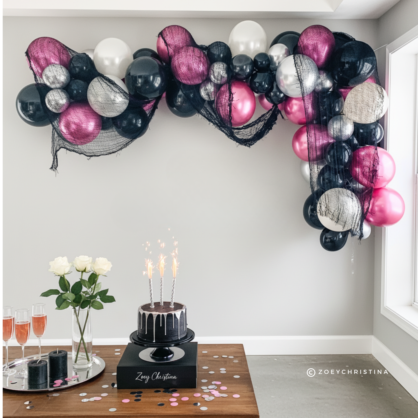 Death to My Youth Balloon Garland Kit – Deep Pink, Black & Silver Party Decor