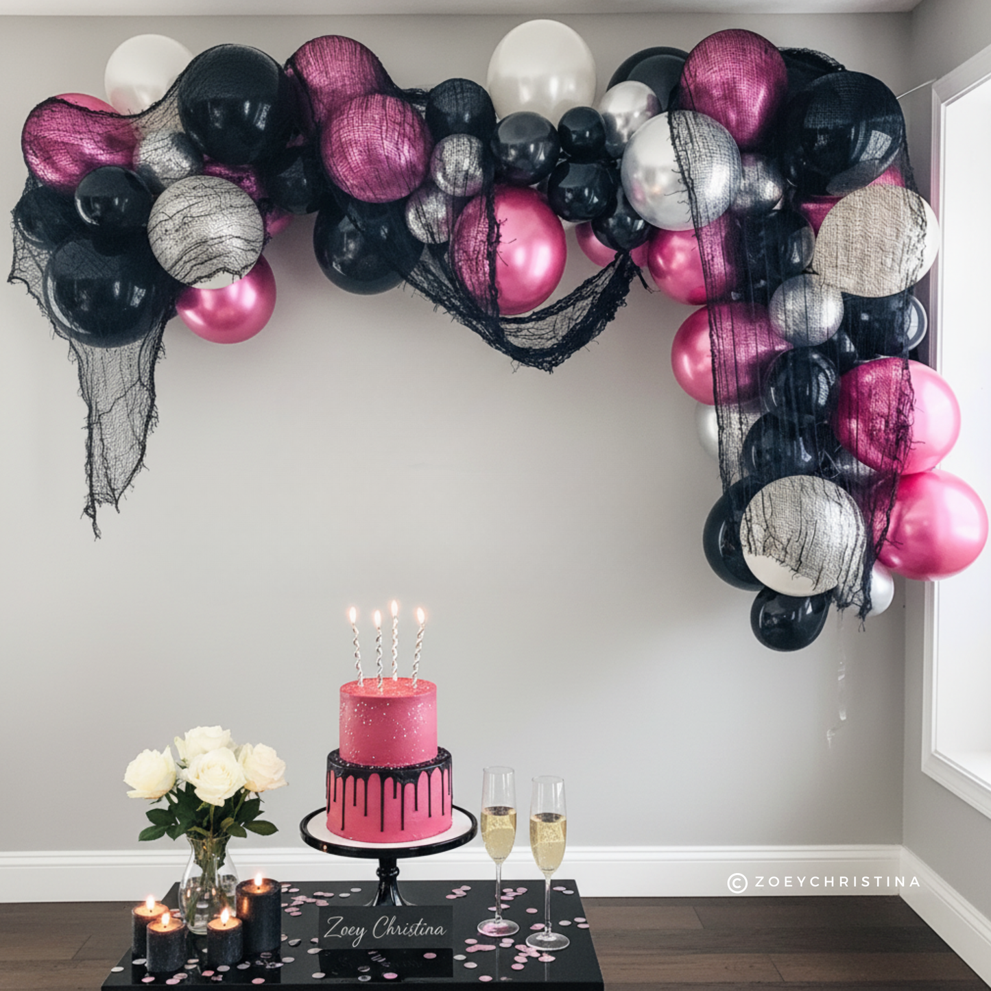 Death to My Youth Balloon Garland Kit – Deep Pink, Black & Silver Party Decor