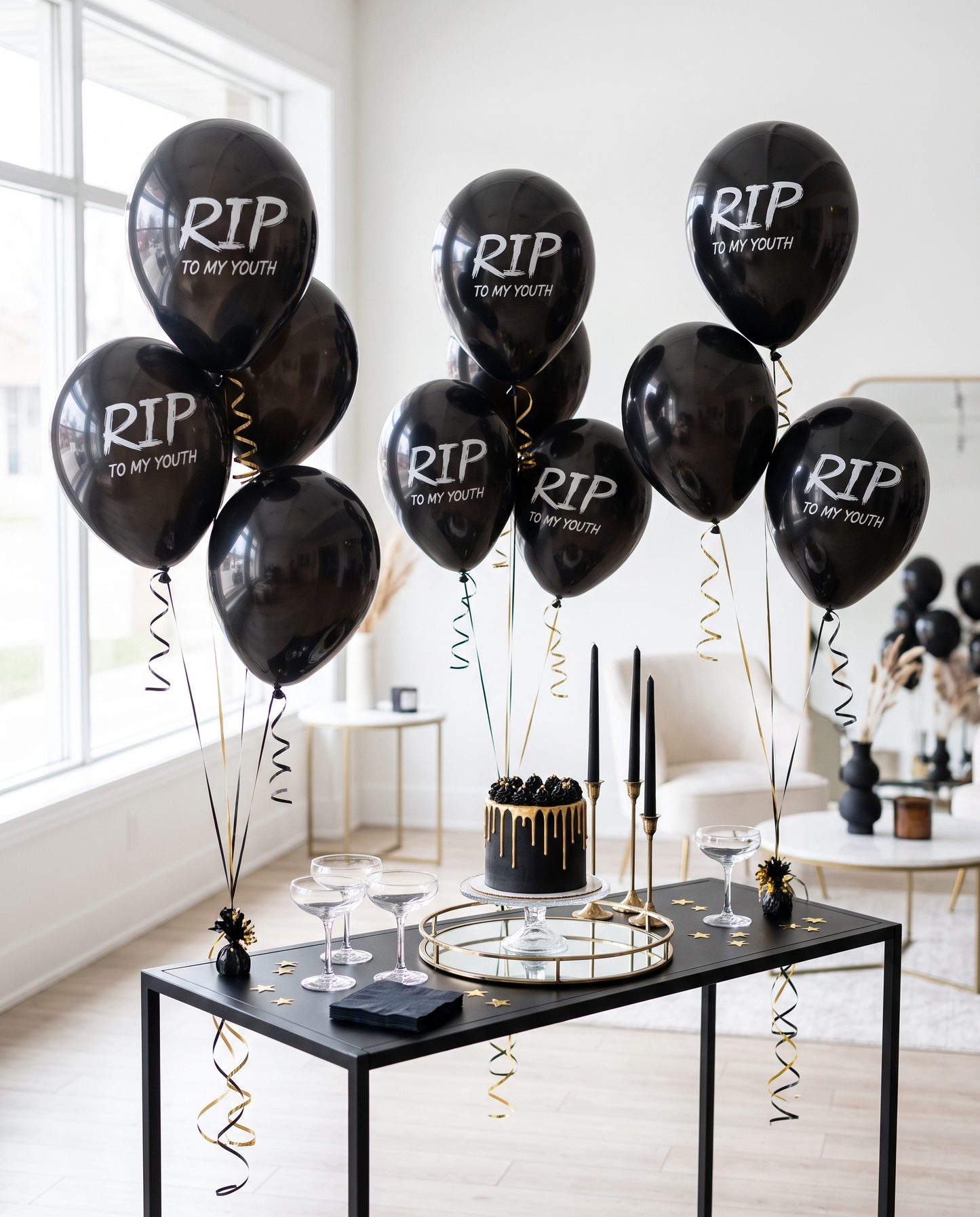 Multi Pack - Death to my 20s party decorations, Youth Twenties RIP Party, Black balloon bouquet, RIP to my youth Black balloon party for her