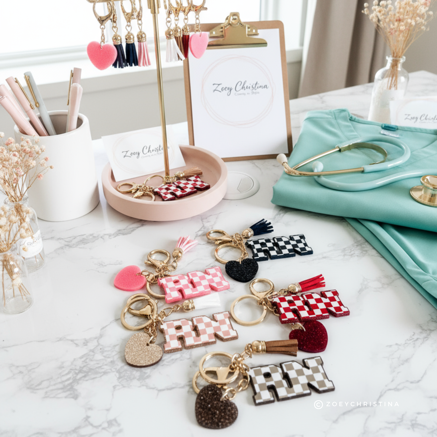 RN Nurse Keychain – Cute Registered Nurse Gift with Heart Charm & Tassel – Personalized Nurse Bag Tag – Nursing Graduation Gift