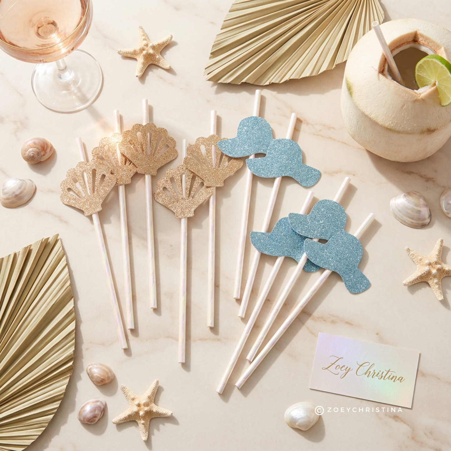 Seashells and Wedding Bells, Coastal Glam Paper Straws, Seashells & Blue Glitter Sun Hats | Beach Bridal Shower and Summer Party Decor