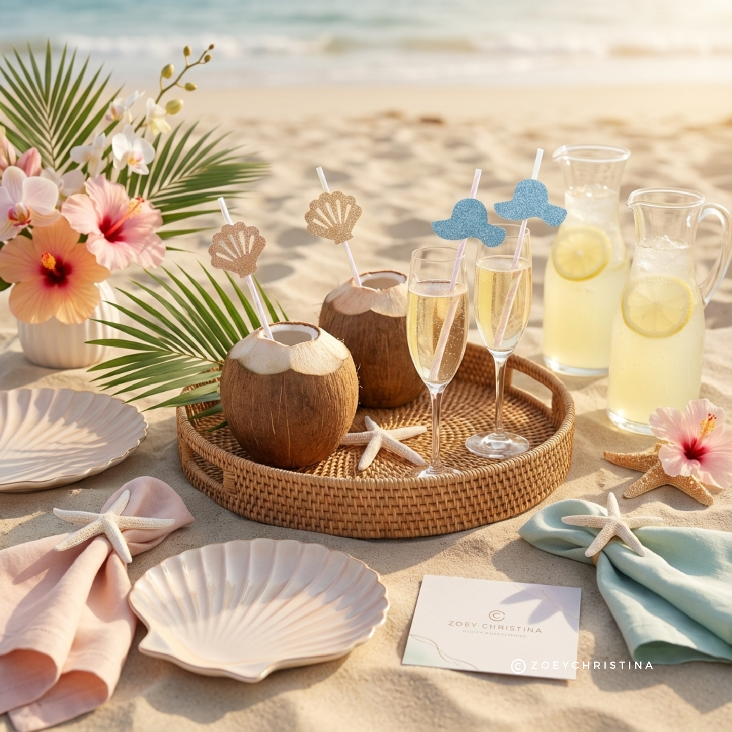 Seashells and Wedding Bells, Coastal Glam Paper Straws, Seashells & Blue Glitter Sun Hats | Beach Bridal Shower and Summer Party Decor