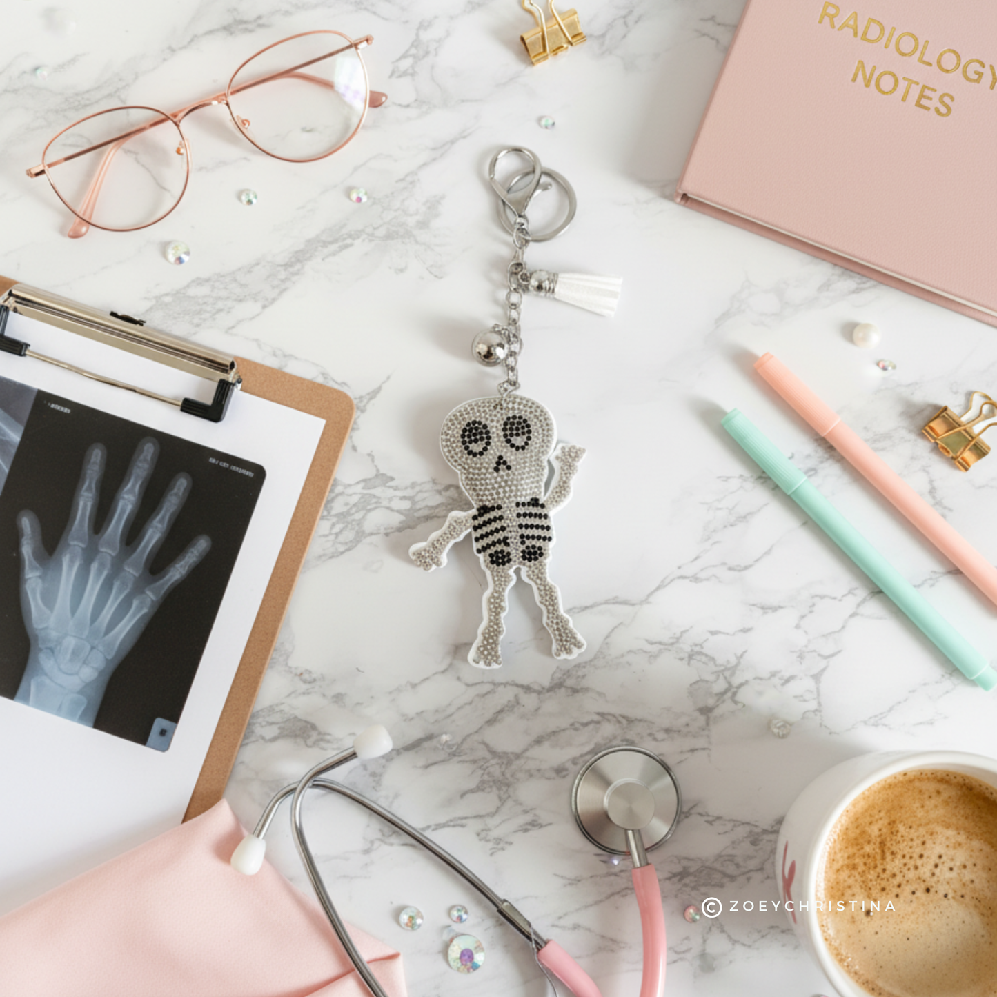 Rhinestone Skeleton Keychain: Bling Skeleton Gift for Radiologists, Techs & Med Students