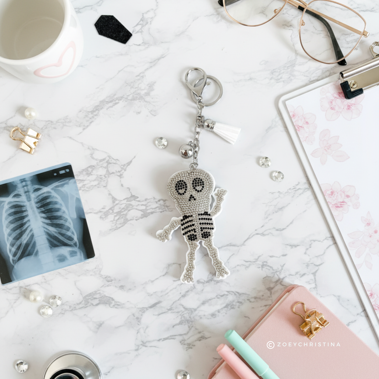 Rhinestone Skeleton Keychain: Bling Skeleton Gift for Radiologists, Techs & Med Students