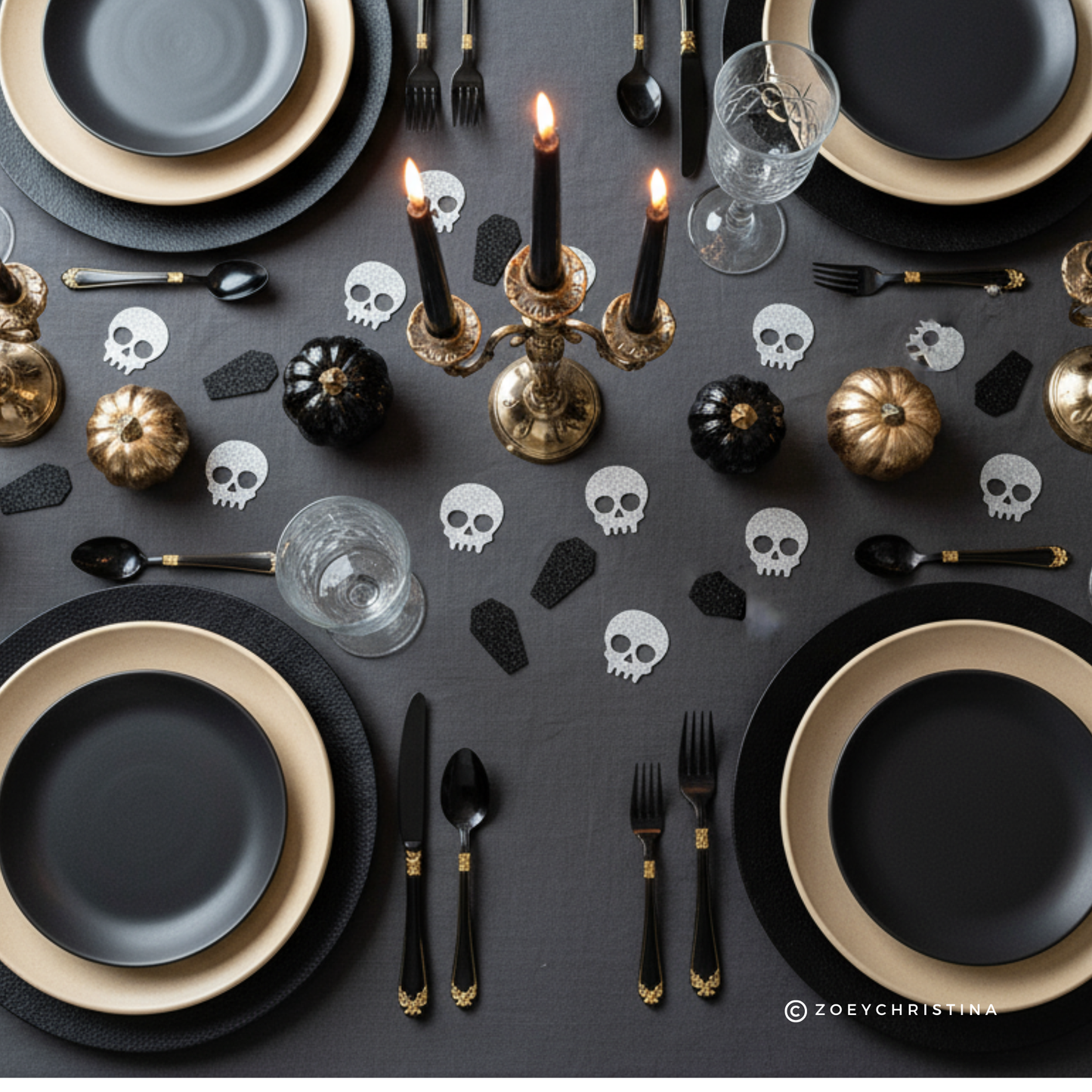 100pc Skull or Coffin Glitter Confetti – Halloween Party Table Decor | 1.5&quot; Silver & Black | Spooky Bachelorette | Gothic Cardstock Cutouts