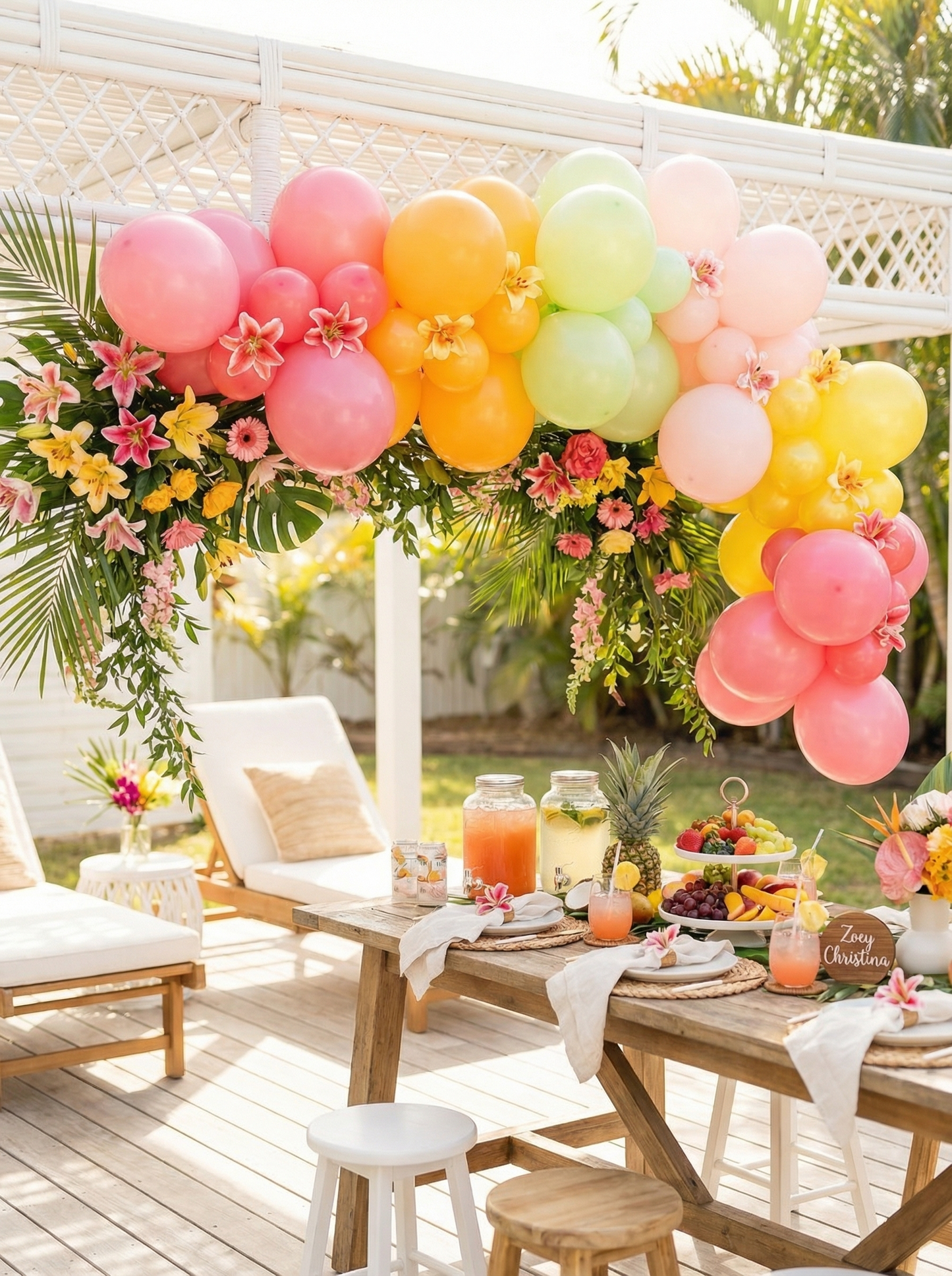 Vibrant Tropical Balloon Arch – Luau, Beach, Summer & Fruit-Themed Party Decor Palm Springs