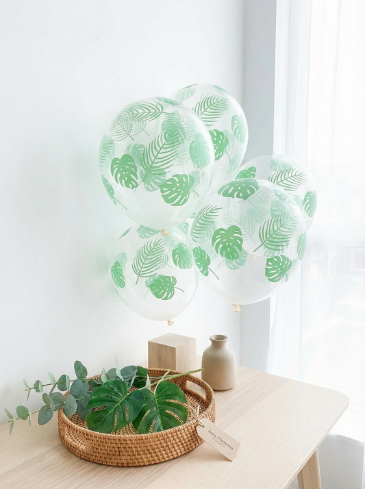 🌿 Clear Latex Balloon with Monstera Leaf Print – Jungle & Tropical Party Decor