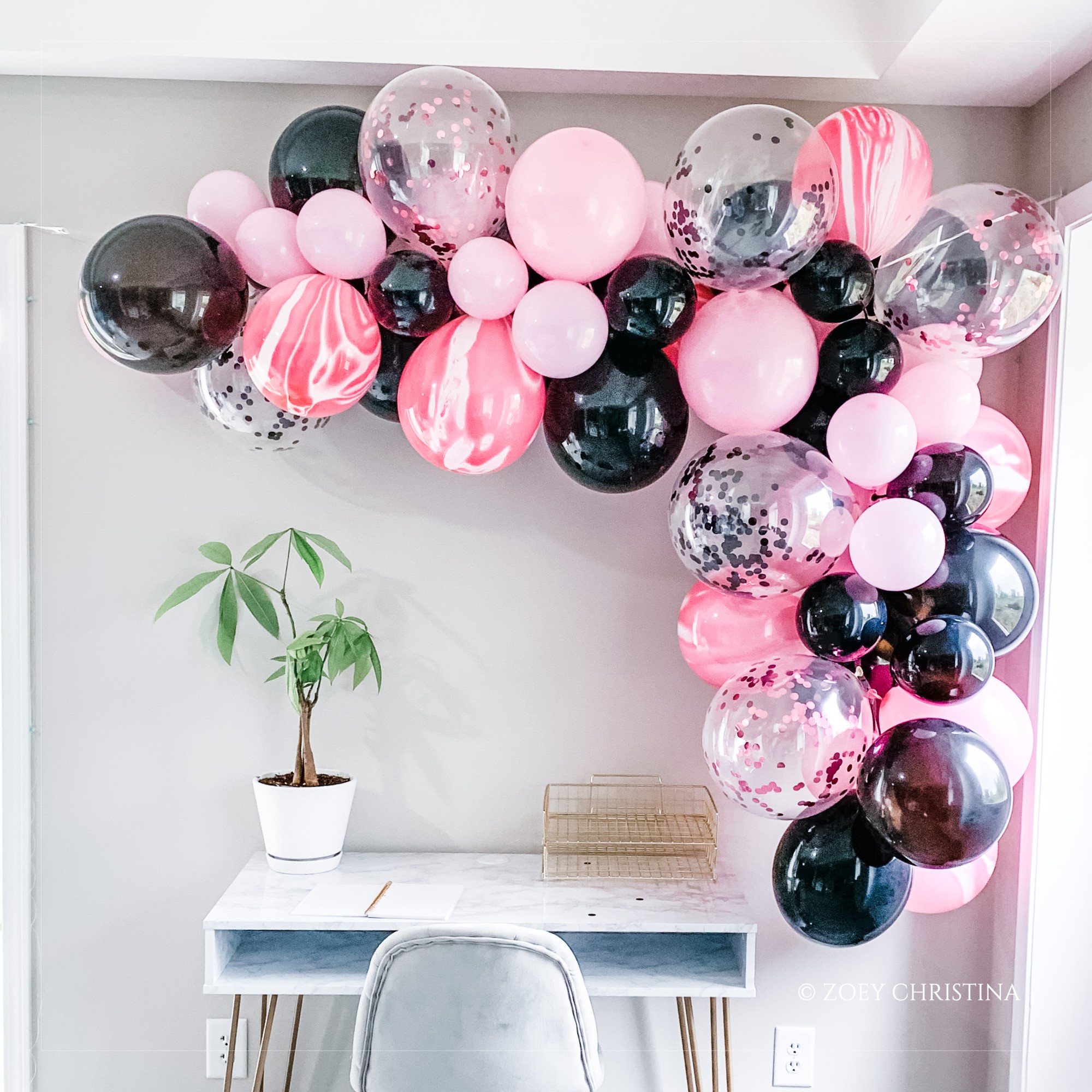 pink and black decorations for a birthday party bridal shower party